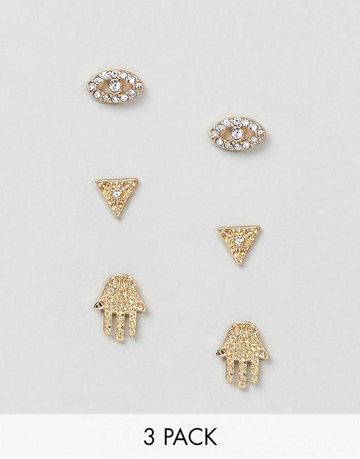 Nylon Pack Of 3 Evil Eye Triangle And Hamsla Stud Earrings - Gold
