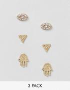 Nylon Pack Of 3 Evil Eye Triangle And Hamsla Stud Earrings - Gold