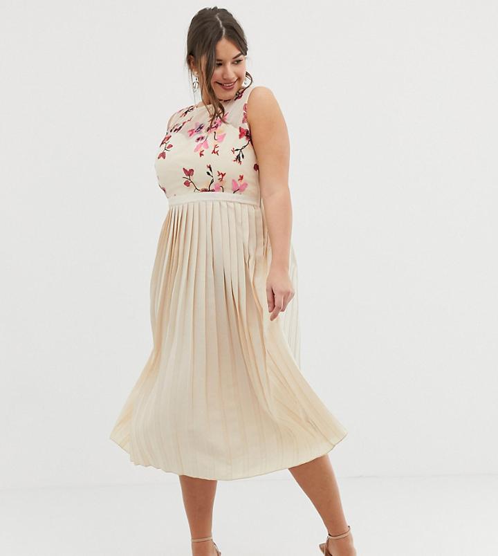 Little Mistress Plus Embroidered Top Midi Pleated Dress In Cream Multi