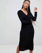 Bershka V Neck Plisse Dress - Black