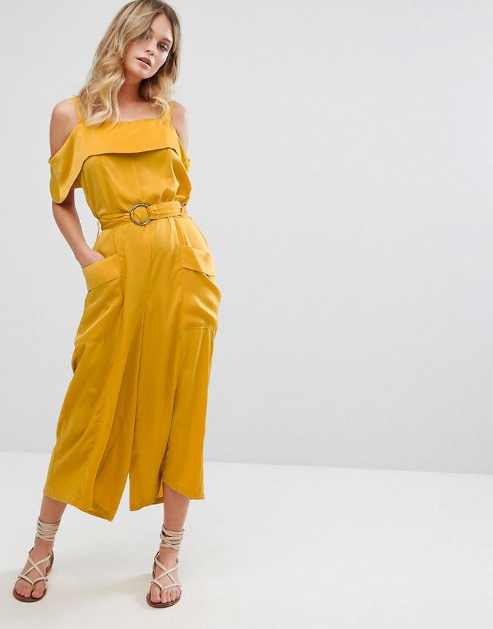 Moon River Cold Shoulder Jumpsuit - Yellow