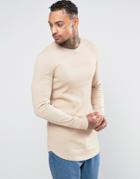 Asos Rib Super Longline Muscle Long Sleeve T-shirt With Curved Hem In Beige - Beige