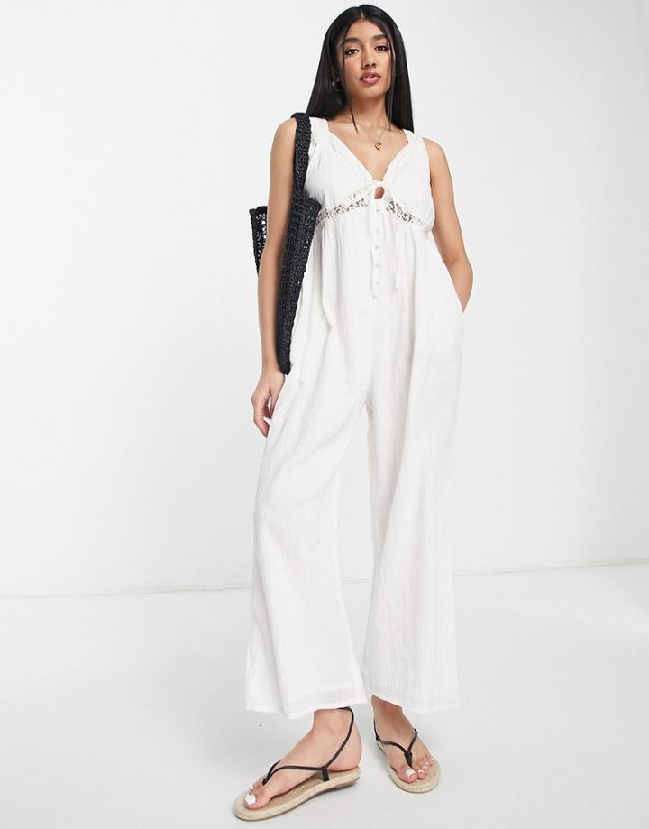 Asos Design Lace Insert Crinkle Smock Jumpsuit In White