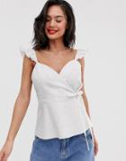 Asos Design Wrap Front Cami Top With Ruffle Strap In Linen - White