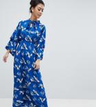 Yumi Petite Frill Sleeve Maxi Dress In Heron Print - Blue