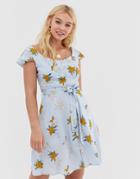 Qed London Floral Skater Dress With Tie Waist Detail - Blue