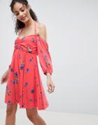 Asos Design Bardot Sundress With Bubble Sleeves In Floral Print - Multi