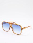 Asos Design Recycled Frame Aviator Sunglasses In Tort With Blue Lens-brown