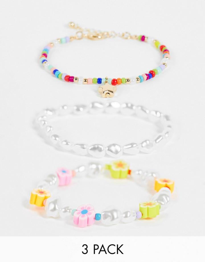 Asos Design Pack Of 3 Bracelet In Mixed Pearl And Beads With Star Charm-multi