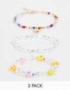 Asos Design Pack Of 3 Bracelet In Mixed Pearl And Beads With Star Charm-multi