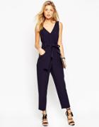 Asos Jumpsuit With V Neck And Obi Tie Belt - Navy