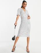 Tfnc Sequin Midi Dress With Slit In Silver