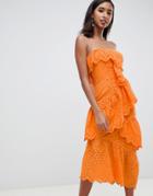Asos Design Bandeau Midi Dress In Broderie-orange