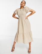Missguided Tiered Smock Midaxi Dress In Stone Gingham-neutral
