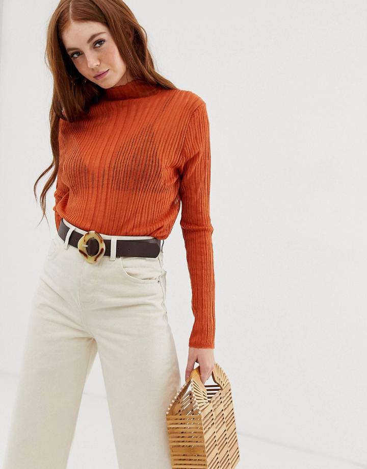 Raga Quin High Neck Sheer Long Sleeved Top-orange