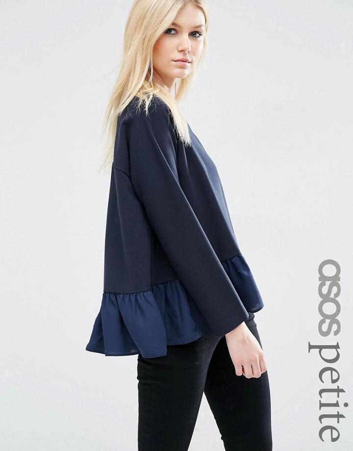 Asos Petite Oversized Sweat With Sheer Ruffle Hem - Navy