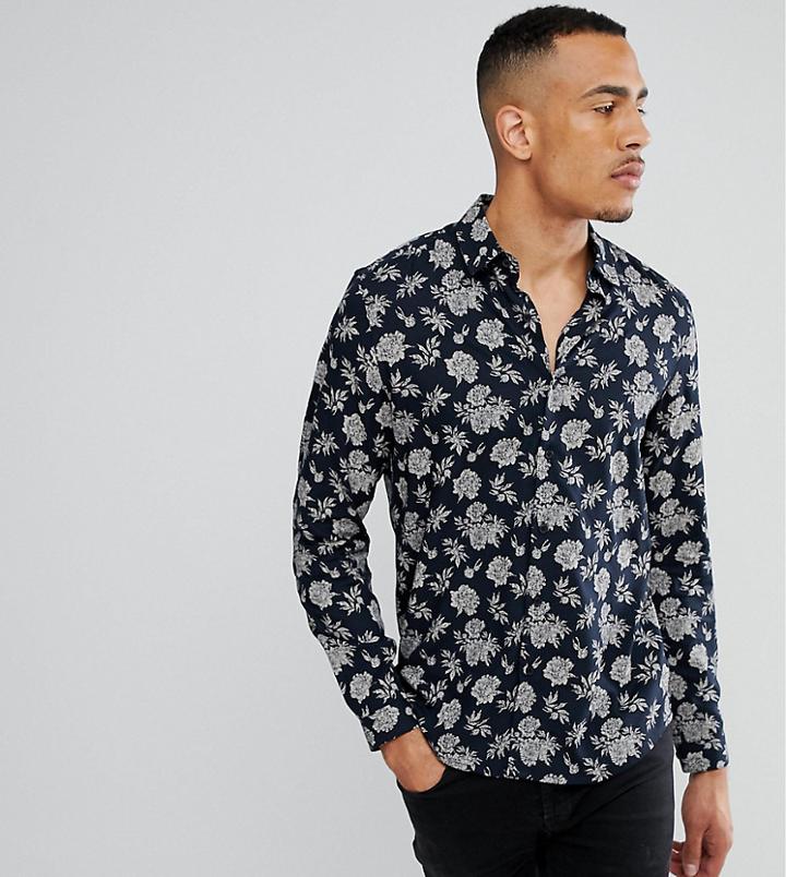 Asos Tall Regular Fit Vicsose Floral Print Shirt - Navy