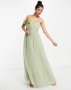 Asos Design Bridesmaid Cami Pleated Tulle Maxi Dress In Sage-green