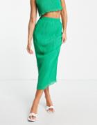 Asos Design Satin Plisse Midi Skirt In Green - Part Of A Set