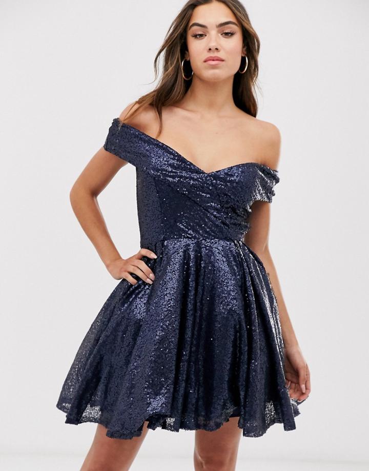 Club L London Bardot Sequin Skated Dress-navy