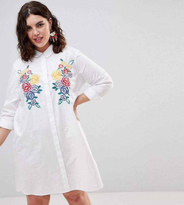 Asos Design Curve Cotton Shirt Dress With Embroidery - White