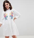 Asos Design Curve Cotton Shirt Dress With Embroidery - White