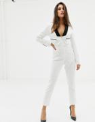 Lavish Alice Cropped Blazer Jumpsuit In White With Black Lapel - White
