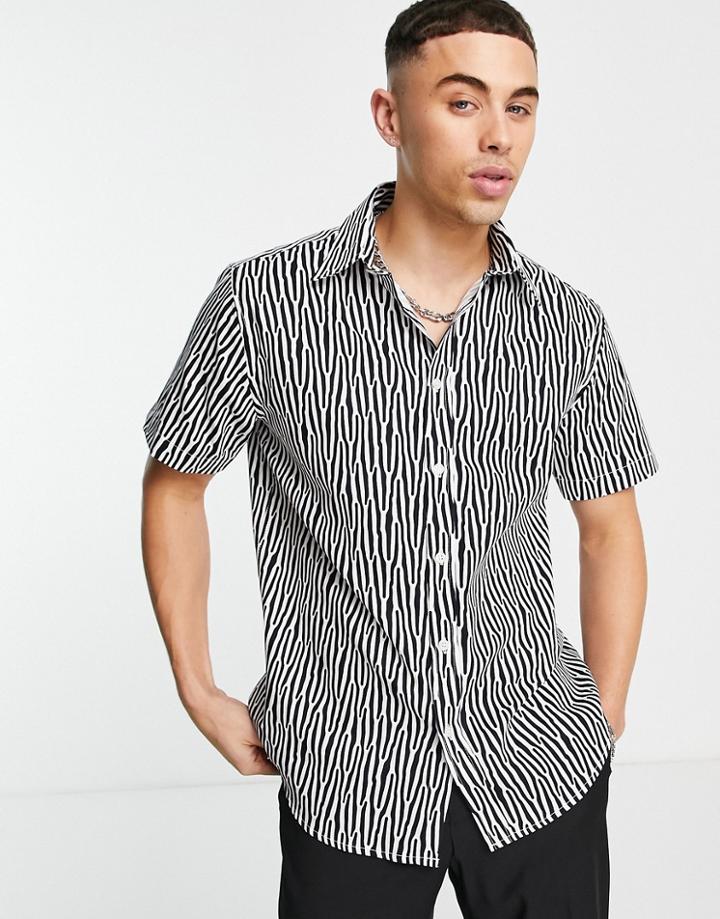 Selected Homme Shirt With Button Collar In Mono Print-black
