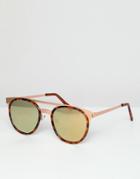 Asos Design Round Sunglasses In Rose Gold Metal With Tort Deails - Gold