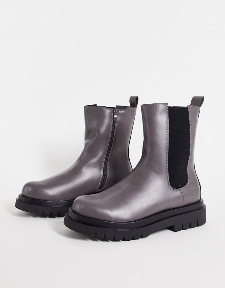 Truffle Collection Pull On Chunky Chelsea Boots In Gray Faux Leather-brown