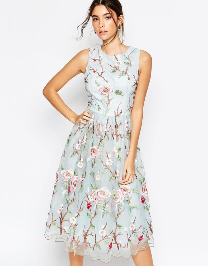 Chi Chi London High Neck Midi Dress With Floral Embrodery - Pale Blue Base