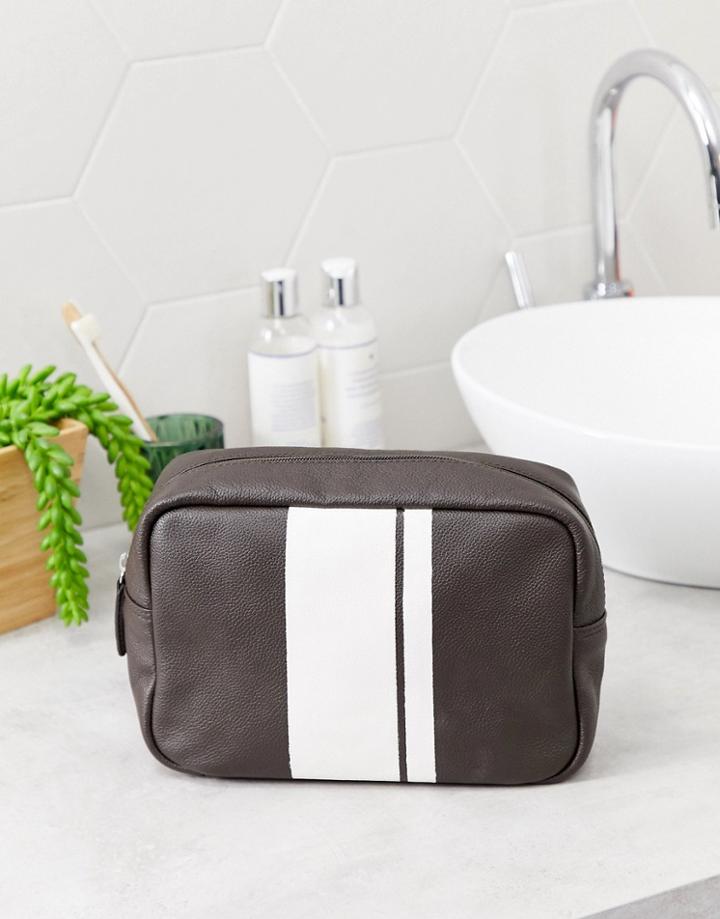 Asos Design Leather Toiletry Bag With Stripe Detail In Brown - Tan