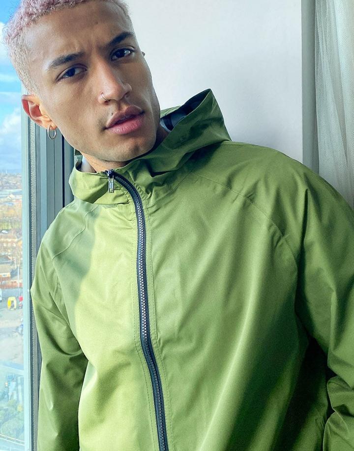 Asos Design Waterproof Windbreaker In Khaki-green