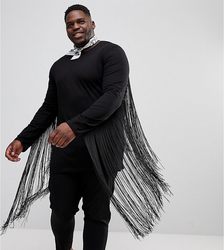 Asos Plus Longline Long Sleeve T-shirt With Extreme Fringe Back - Black
