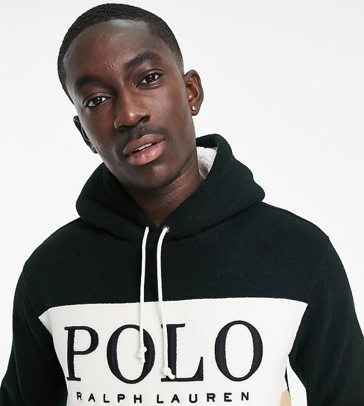 Polo Ralph Lauren X Asos Exclusive Collab Polar Fleece Hoodie In Tan/black Color Block With Chest Panel Logo-white