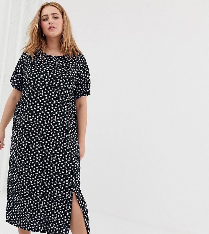Daisy Street Plus Midi T-shirt Dress With Split In Floral Print - Black