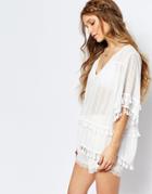 Navy London Tiered Blouse With Pom Pom Trim - White