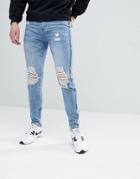 Boohooman Raw Seam Skinny Jeans With Zip Hem In Blue Wash - Blue