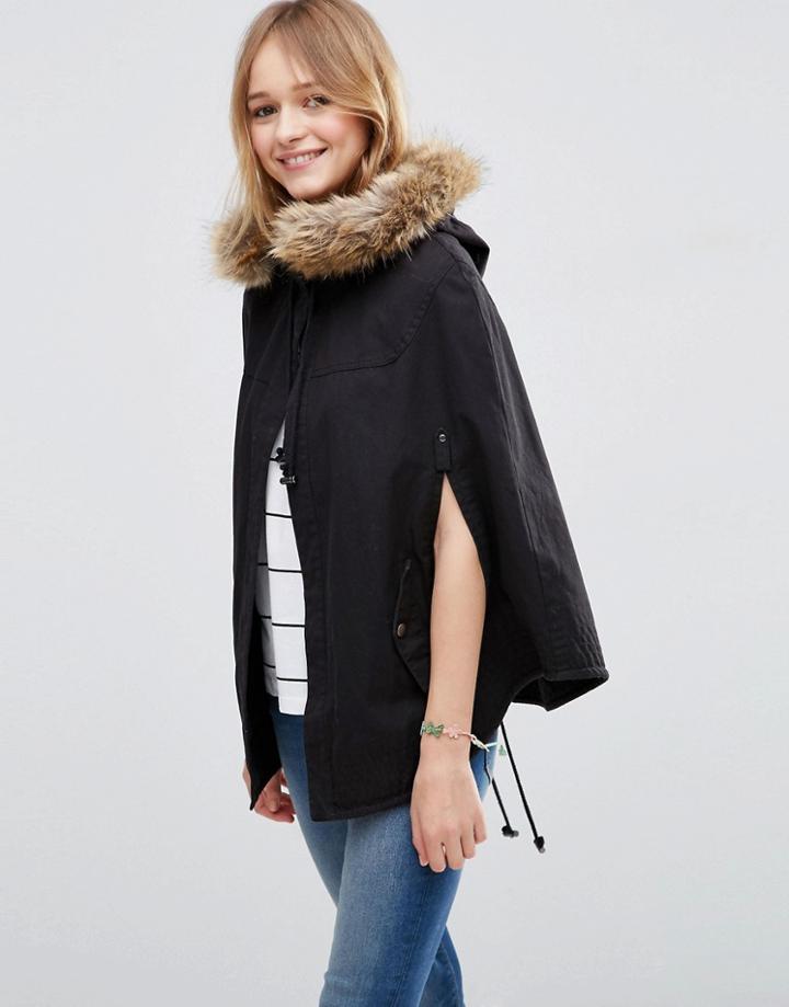 Asos Parka Cape With Faux Fur Hood - Black