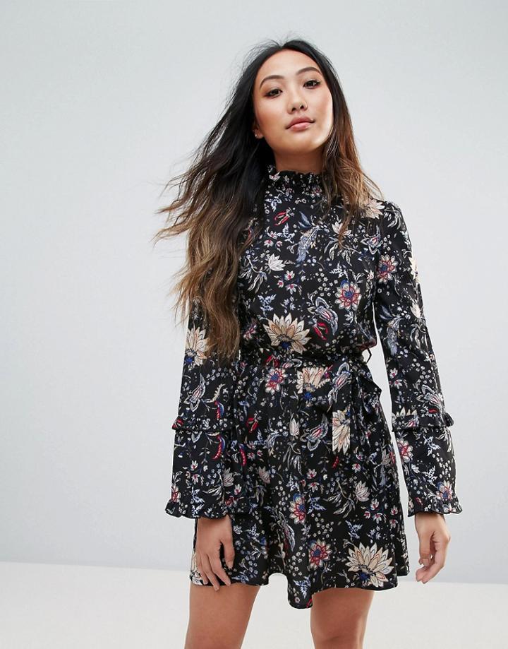 Parisian High Neck Floral Dress - Black