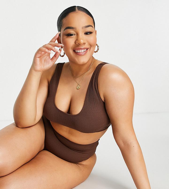 Asos Design Curve Mix And Match Crinkle Skinny Scoop Crop Bikini Top In Chocolate Brown