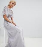 Asos Design Petite Bridesmaid Floral Embroidered Dobby Mesh Flutter Sleeve Maxi Dress - Gray