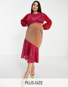 Never Fully Dressed Plus Balloon Sleeve Maxi Dress In Contrast Panels-pink