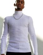 Asos Design Muscle Fit Cable Roll Neck Sweater In White