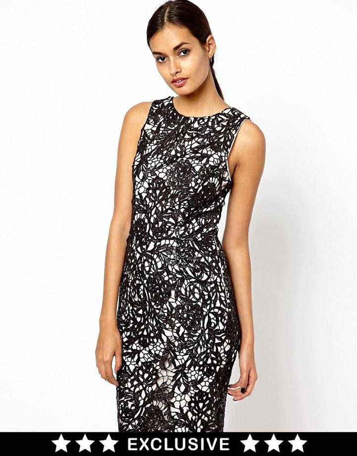 Warehouse Sequin And Lace Pencil Dress - Black