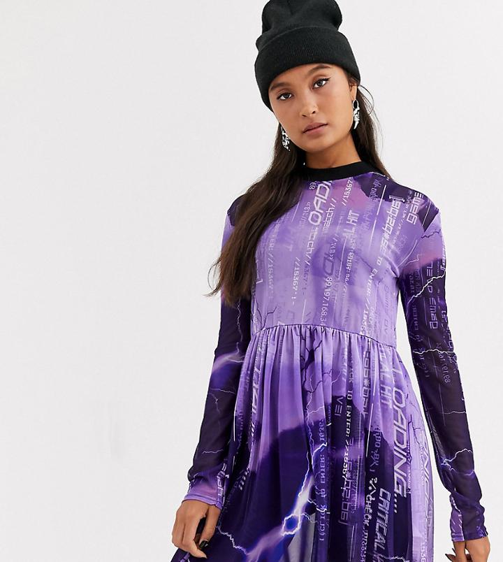 Collusion Lightning Print Mesh Smock Mini Dress With Long Sleeve