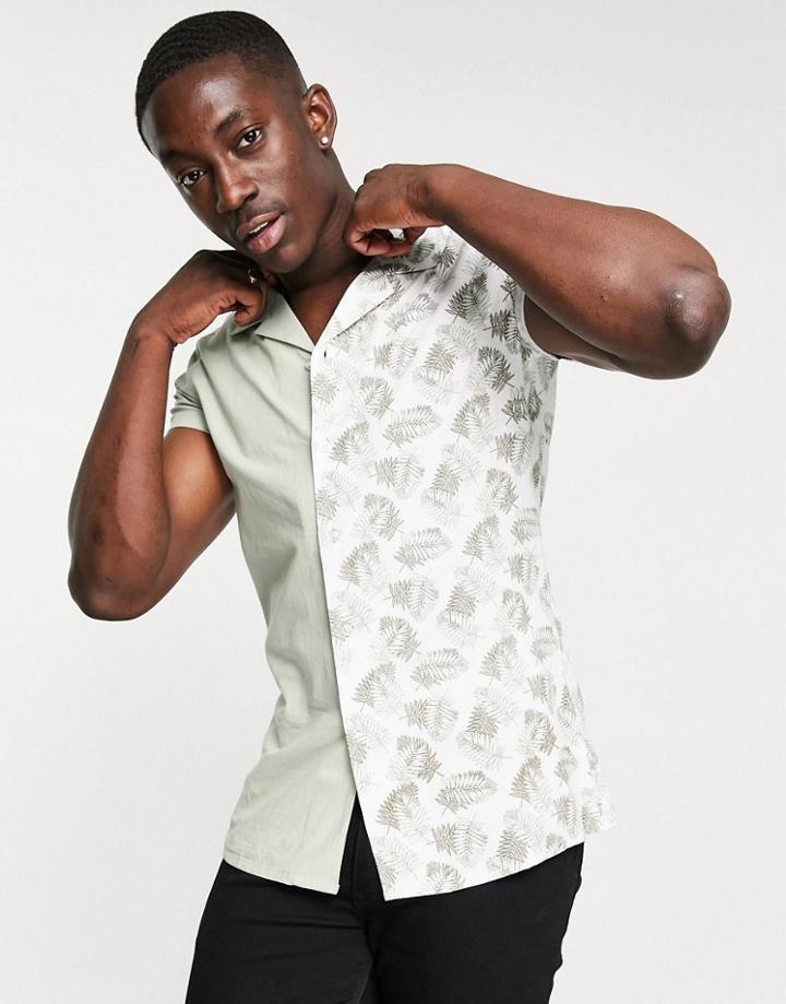 Devils Advocate Slim Fit Half Leaf Print And Half Plain Short Sleeve Shirt-green
