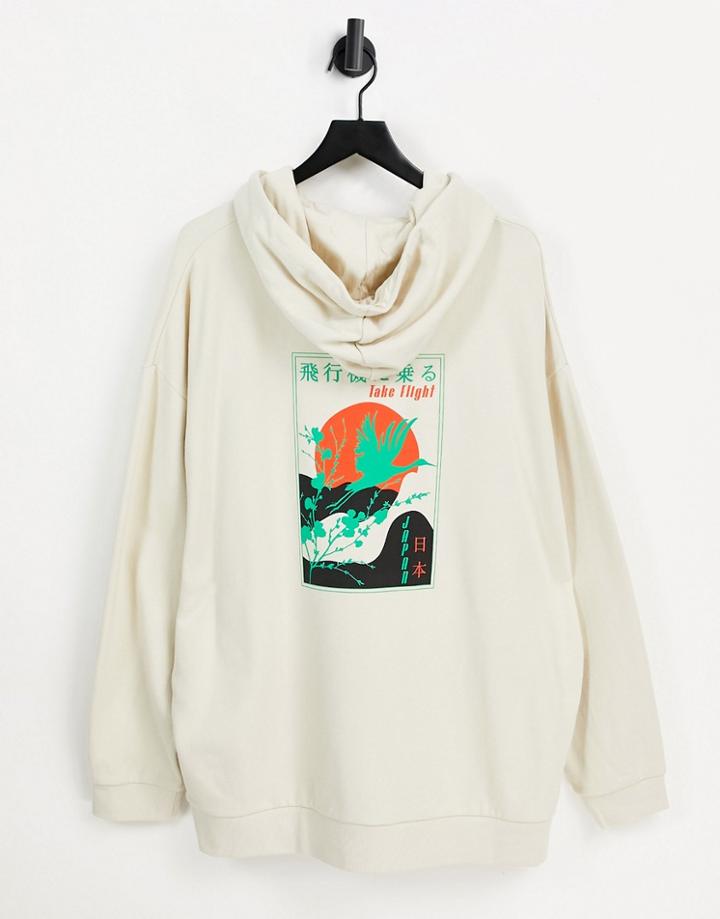 Asos Design Oversized Hoodie In Beige With Stork Back Print-neutral