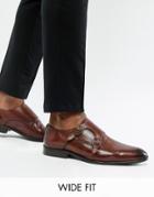 Asos Design Wide Fit Monk Shoes In Brown Leather