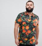 Asos Design Plus Polo With All Over Floral Fruit Print And Revere Collar - Black